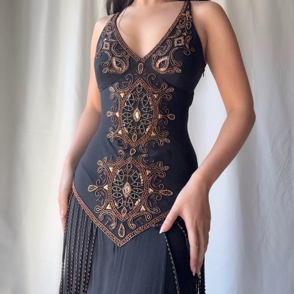 EUC Cache Silk Beaded Maxi Dress | Size 4 | Black Bronze Boho - Picture 3 of 14